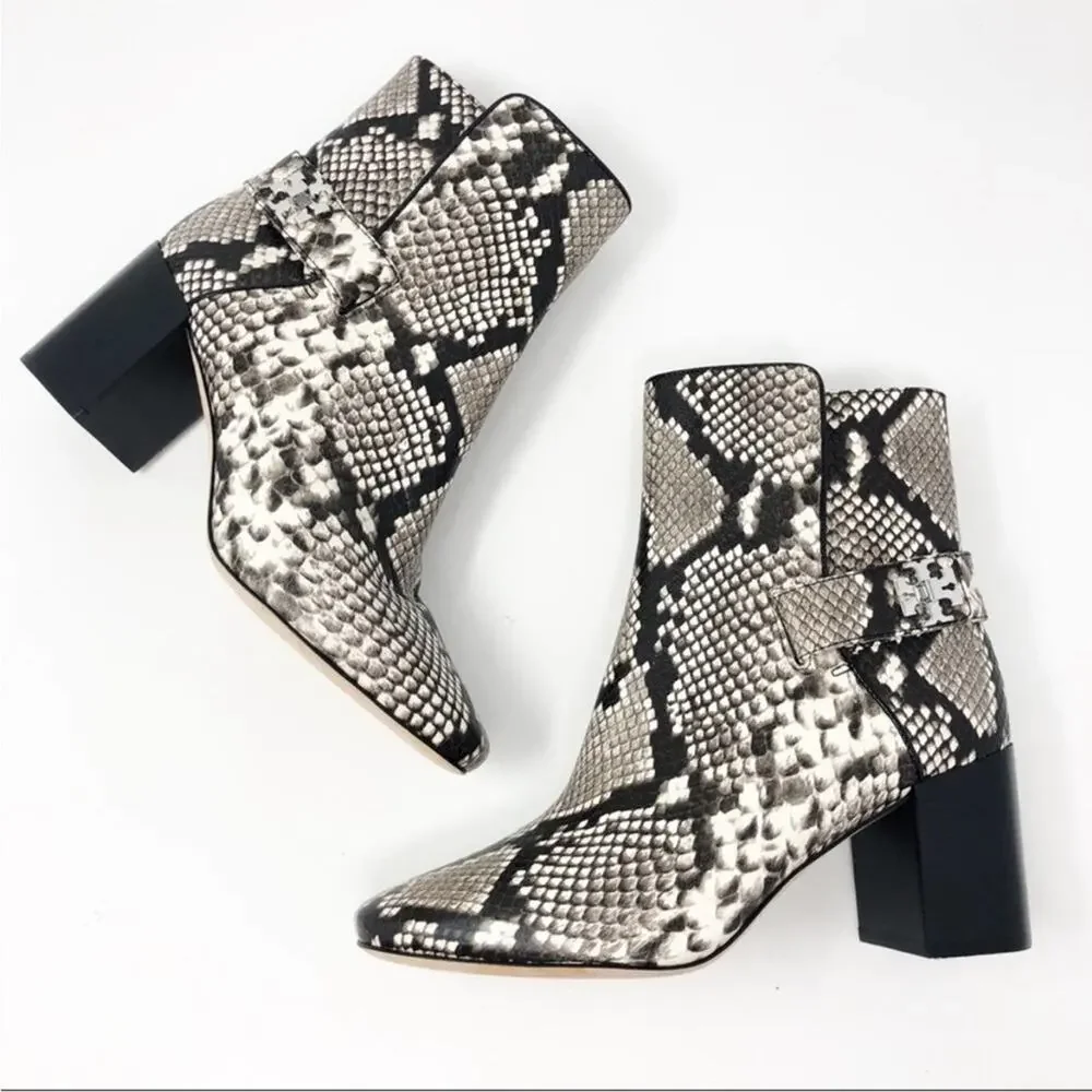 NEW Tory Burch Kira 70MM Bootie Stamped Snake Leather Grey Black in Warm Roccia